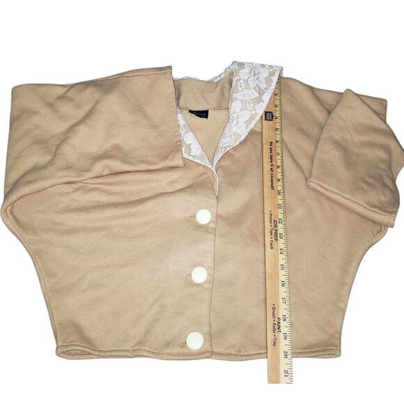 Honey Cropped Tan Cardigan M/L Sailor Collar Lace Cream Buttons Dolman Sleeve - Picture 9 of 9